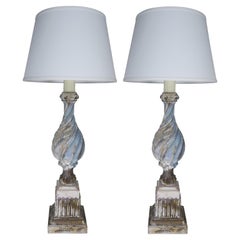Italian Carved Periwinkle Lamps with Linen Shades, Pair