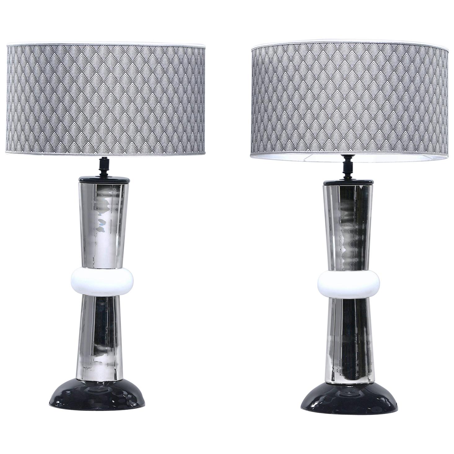Pair of Italian Silver and White Glass Lamps with Patterned Shades
