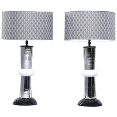 Retro Pair of Italian Silver and White Glass Lamps with Patterned Shades