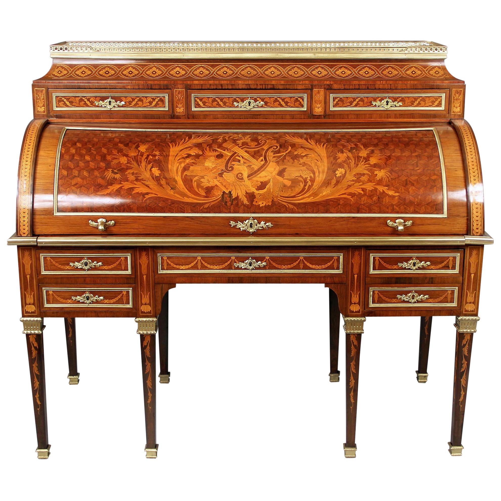 Late 19th Century Gilt Bronze Mounted Inlaid Marquetry Bureau a Cylindre For Sale