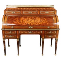 Exquisite 19th Century Gilt Bronze Mounted Inlaid Marquetry Bureau a Cylindre