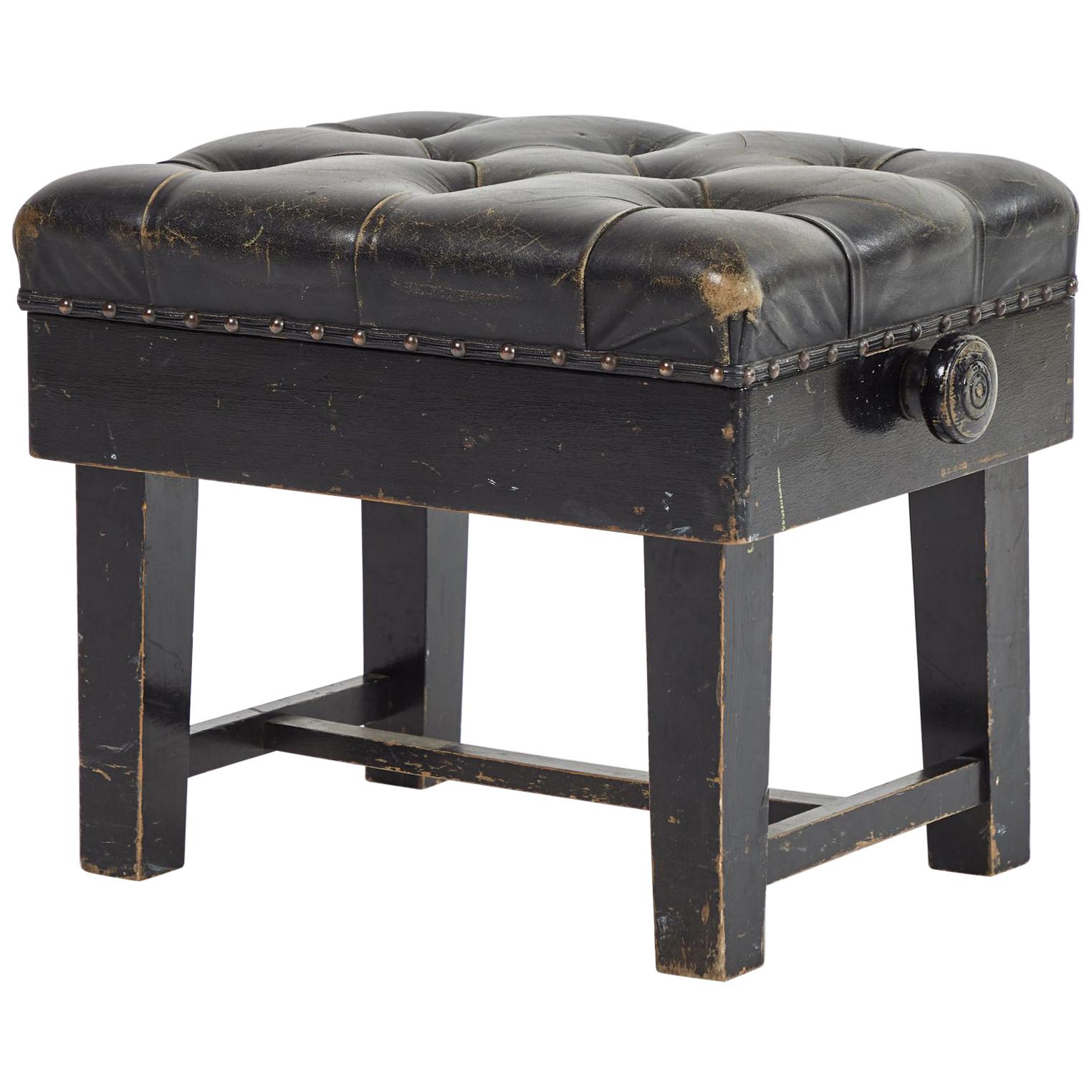 Stool Upholstered in Black Leather