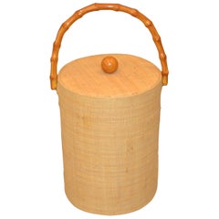 Mid-Century Modern Handwoven Cane & Bamboo Insulated Ice Bucket with Lid