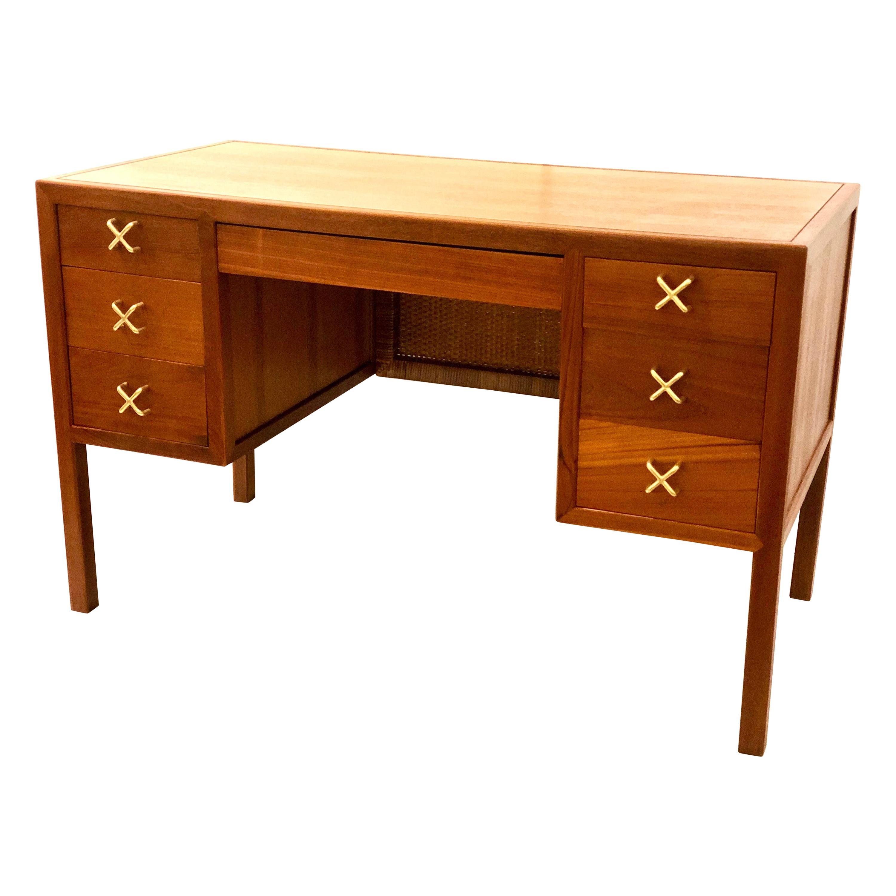Rare Danish Modern Solid Teak Desk with X Brass Handles and Cane Back