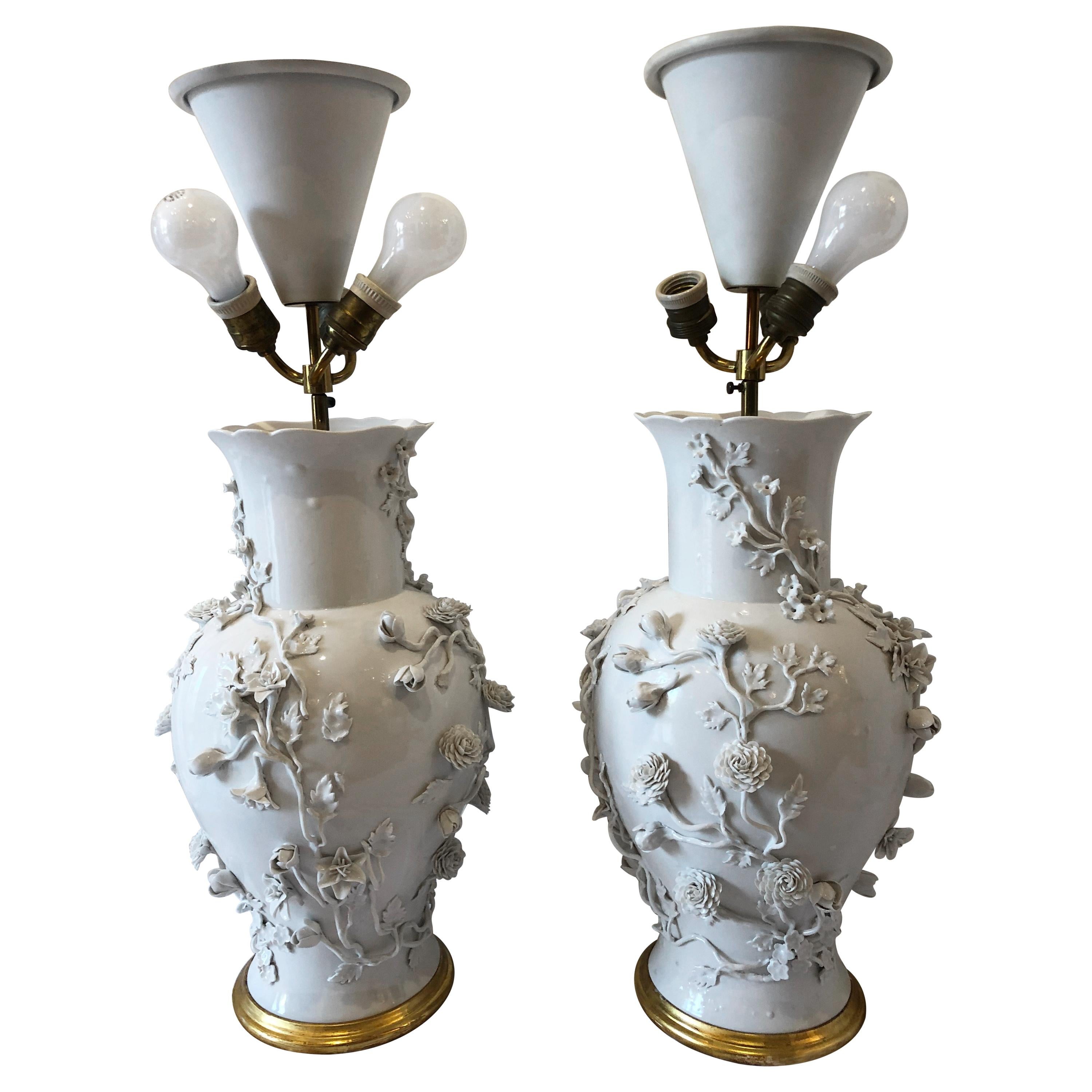 Pair of Large Chinese Blanc De Chine Porcelain Vase Lamps, Applied Flowers