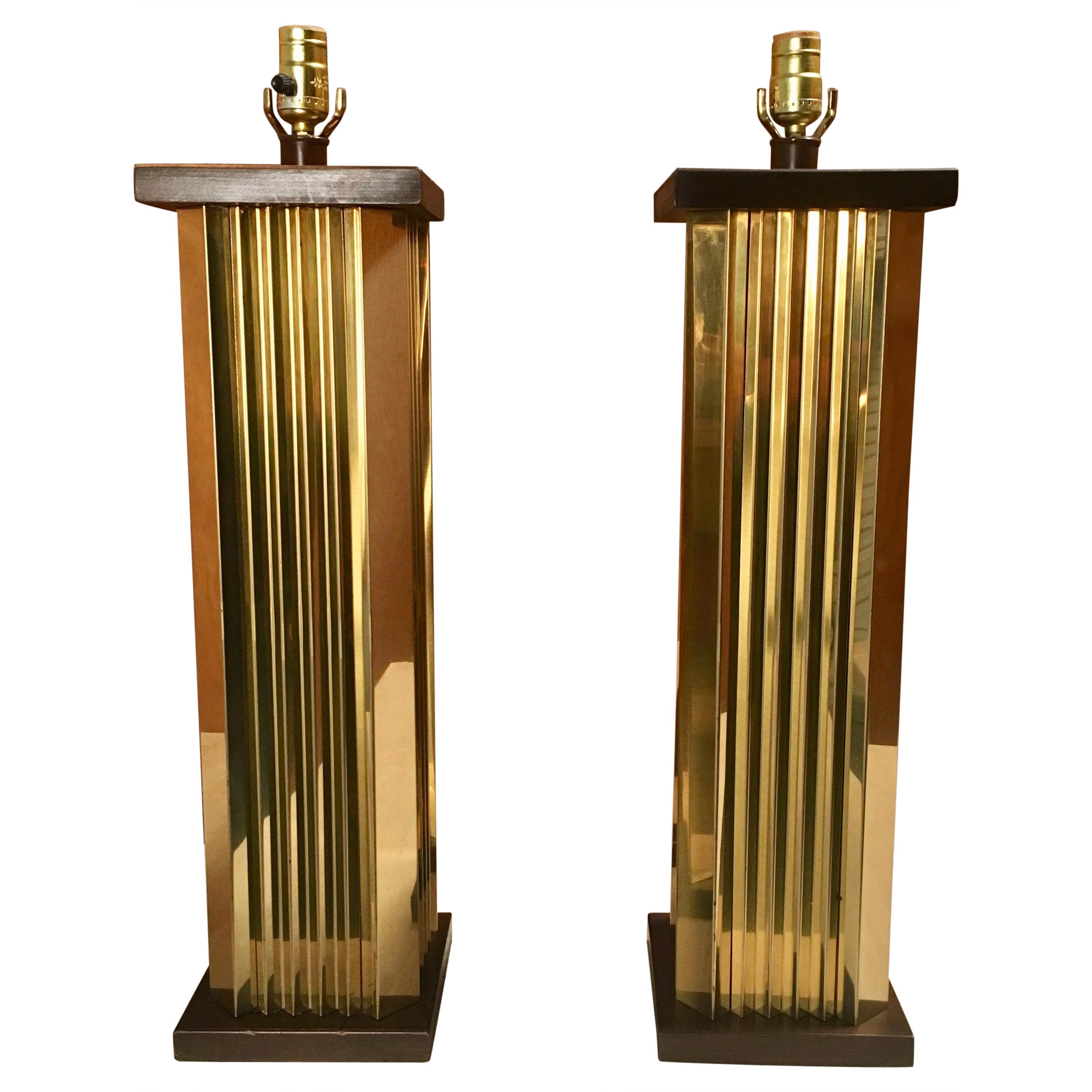 1970s Pleated Brass and Wood Table Lamps