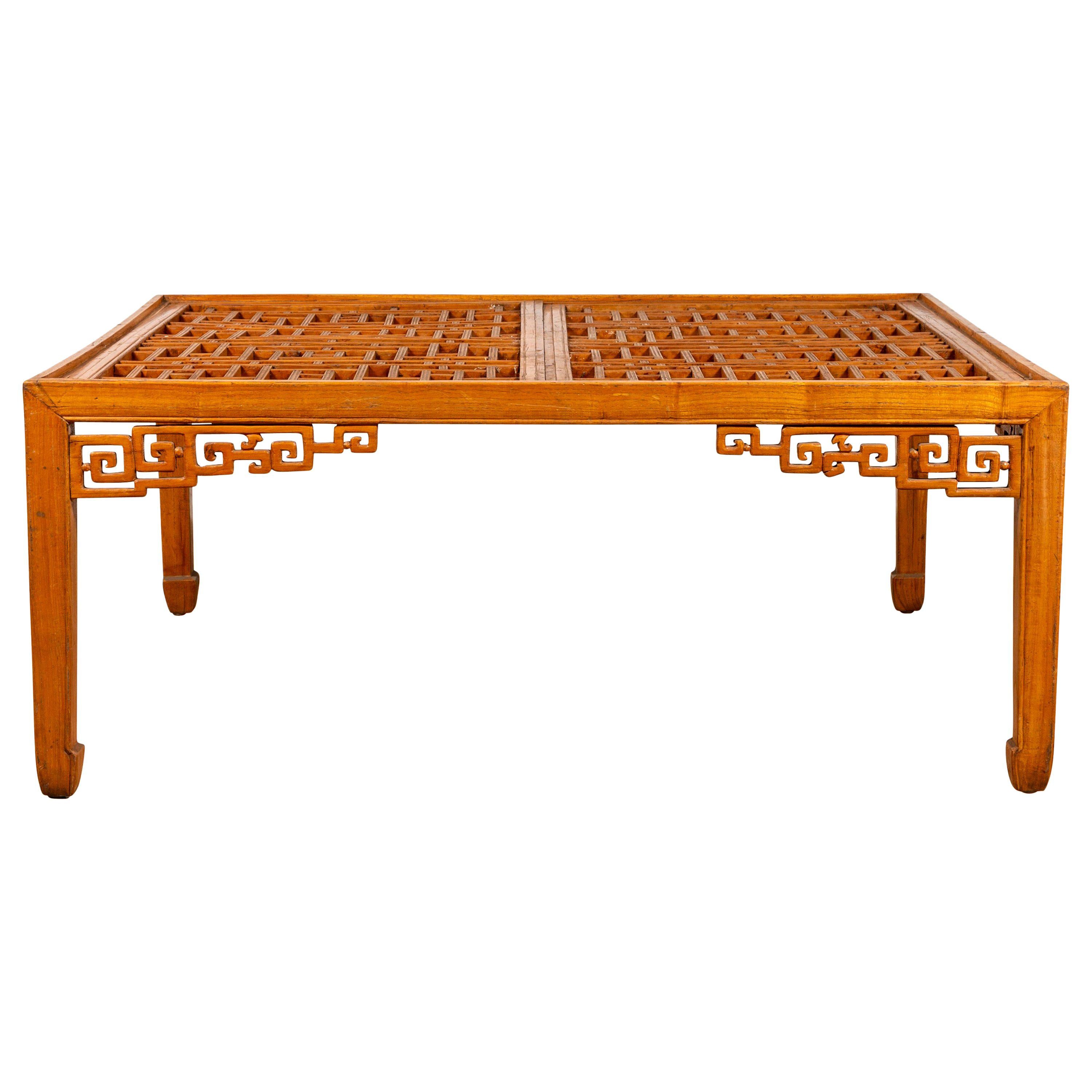 Chinese Elmwood Square Coffee Table with Open Fretwork and Horse-Hoof Legs For Sale