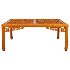 Chinese Elmwood Square Coffee Table with Open Fretwork and Horse-Hoof Legs