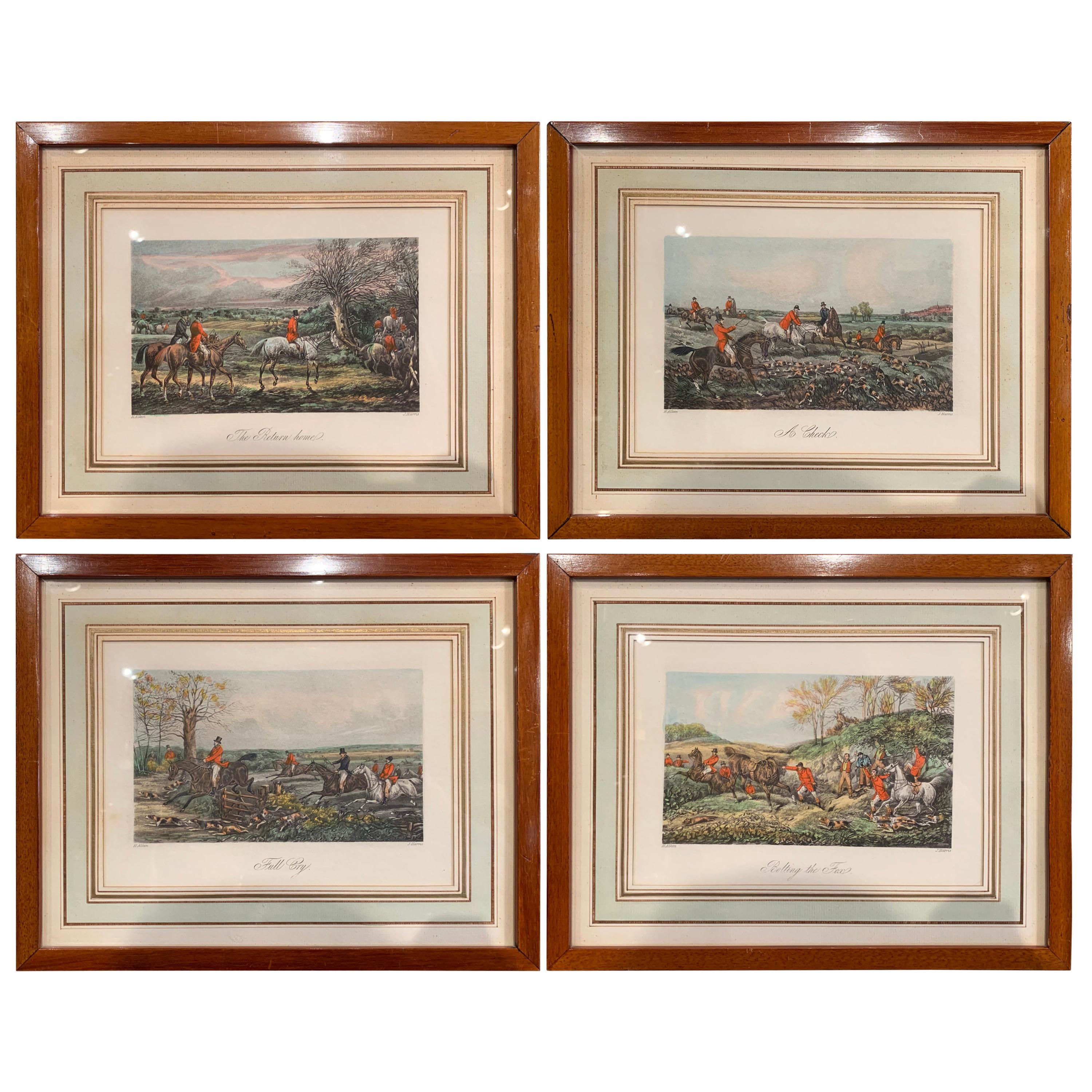 Set of Four 19th Century English Framed Hunt Scenes Signed Watercolors