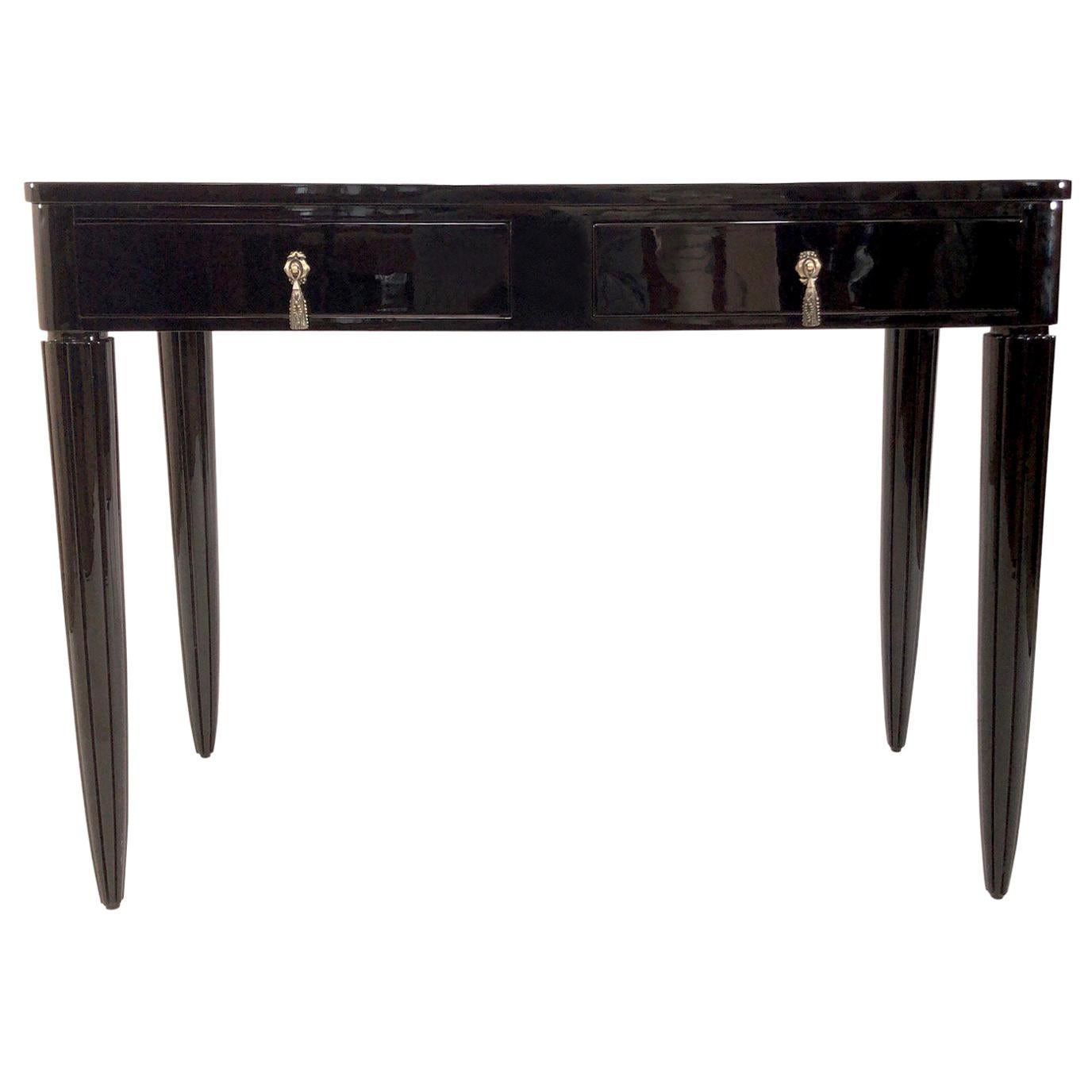 Small Black Early Art Deco Desk with Two Drawers and Channeled Table-Legs For Sale