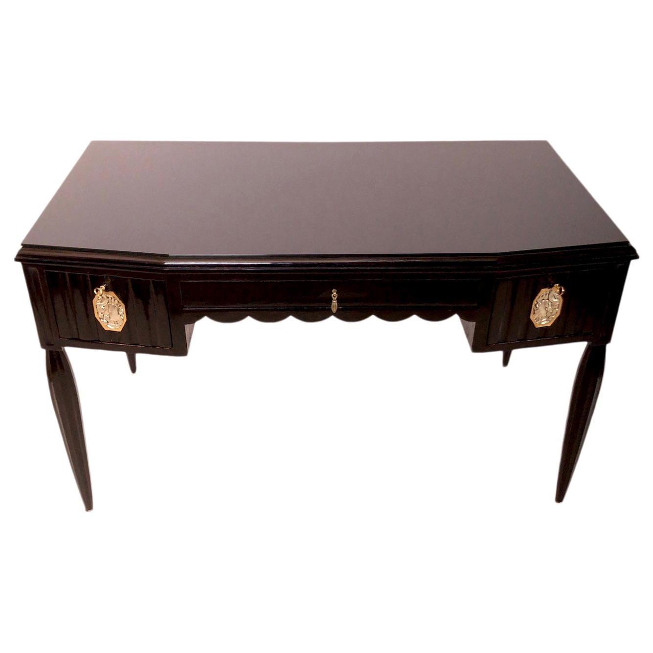 Black Art Deco Desk with Silver and Golden Art Deco Pattern and Channeled Legs For Sale