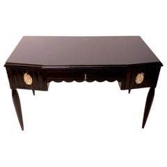 Black Art Deco Desk with Silver and Golden Art Deco Pattern and Channeled Legs