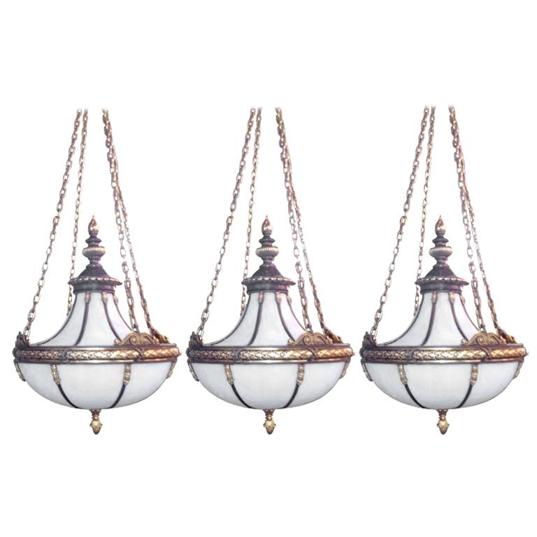 Set of Three Large Leaded Glass Caldwell Chandeliers For Sale