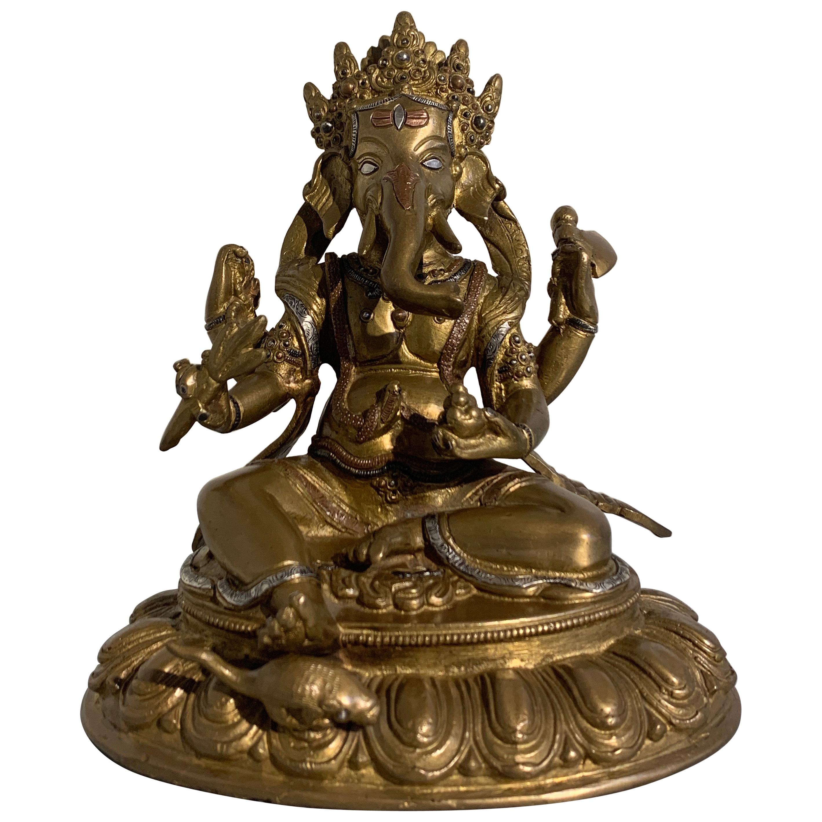 Nepalese Cast Copper Ganesha with Silver and Copper Inlay, Late 20th Century