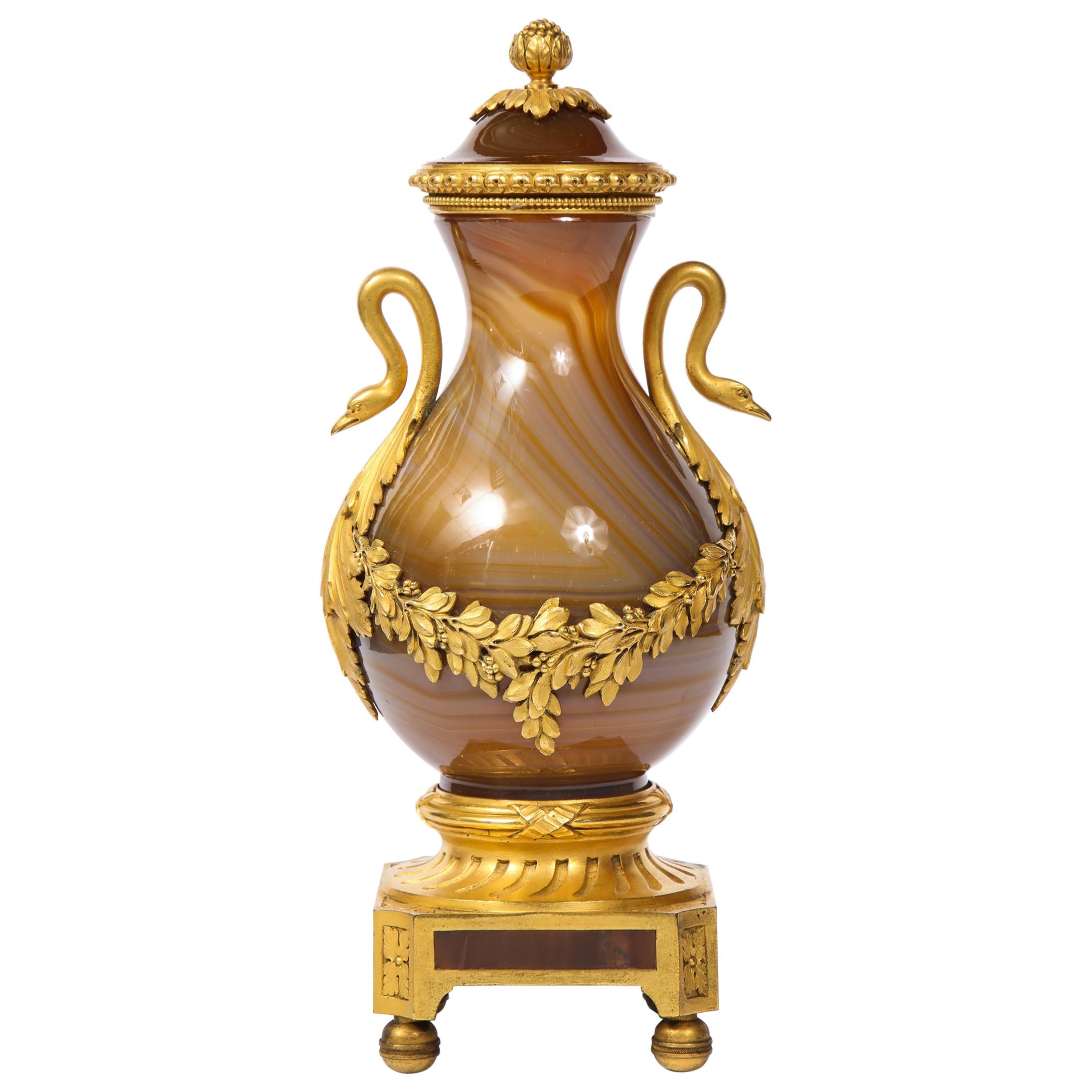 Rare Louis XVI Russian Ormolu Mounted Agate Vase with Dore Bronze Swan Handles