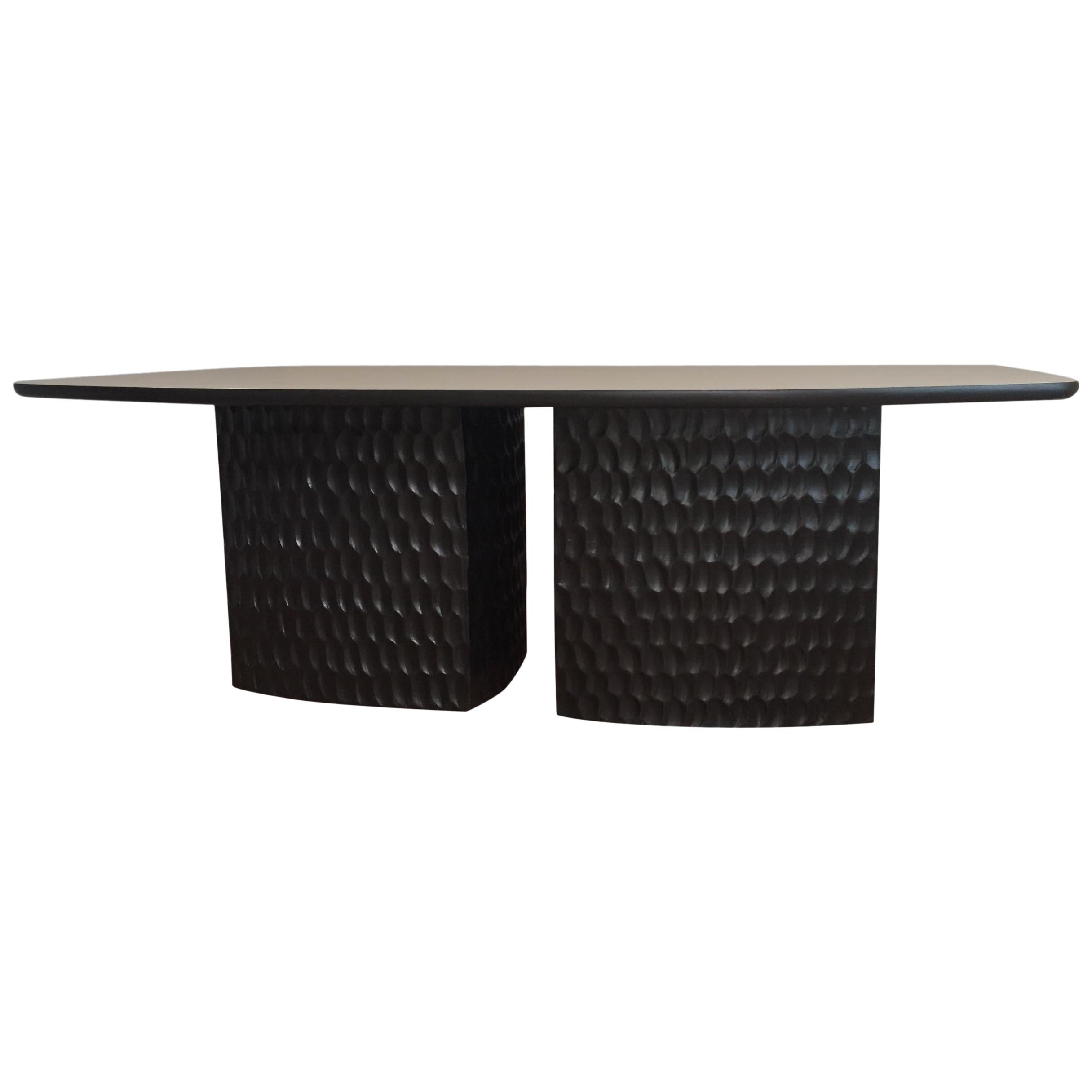 Sculptural Muir Dining Table White Ash Veneer Top and Carved Black Wood Base For Sale