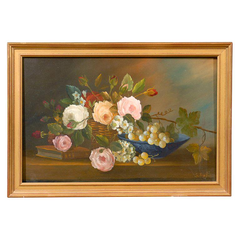 Framed French Oil on Canvas Painting of Flowers, circa 1910