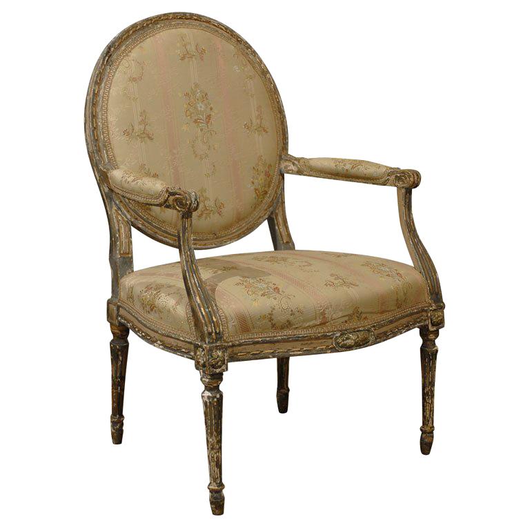 French Louis XVI Period Late 18th Century Painted and Carved Wooden Fauteuil