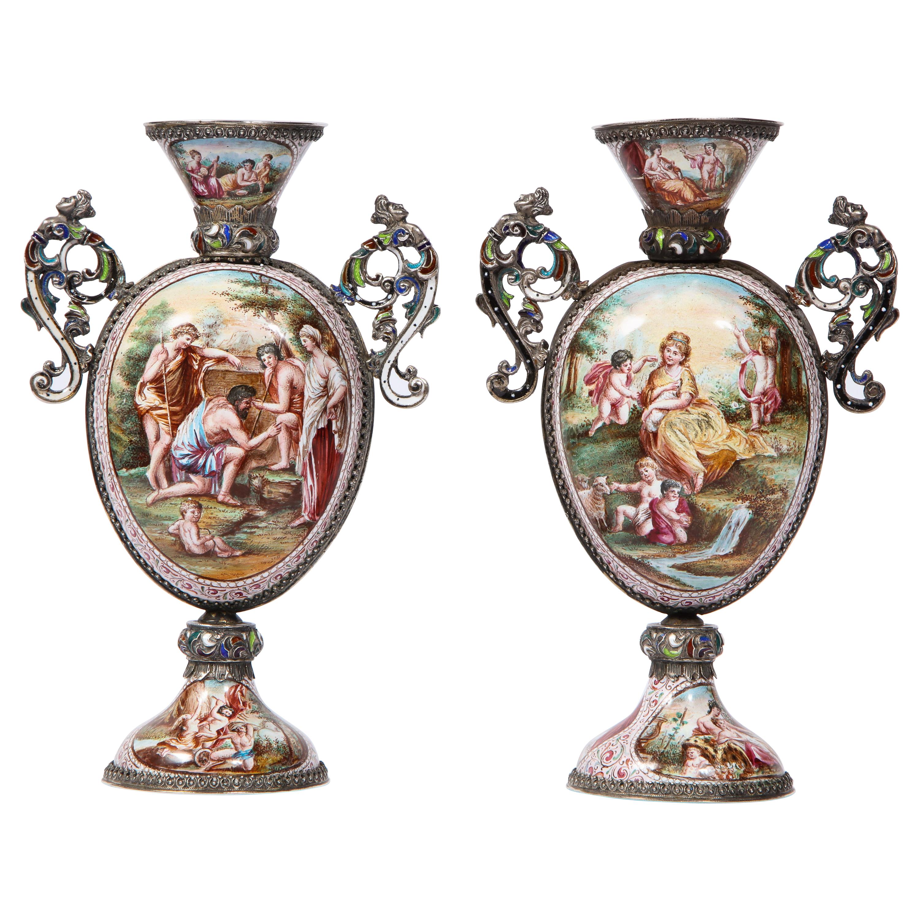 Pr. Viennese Enamel on Silver Vases with Mythological Scenes Signed Hallmarks HB