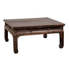 Chinese Black Lacquered Coffee Table with Weathered Patina and Horse-Hoof Legs