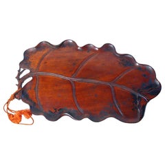Antique Japanese Carved Wood Leaf Shaped Tea Tray