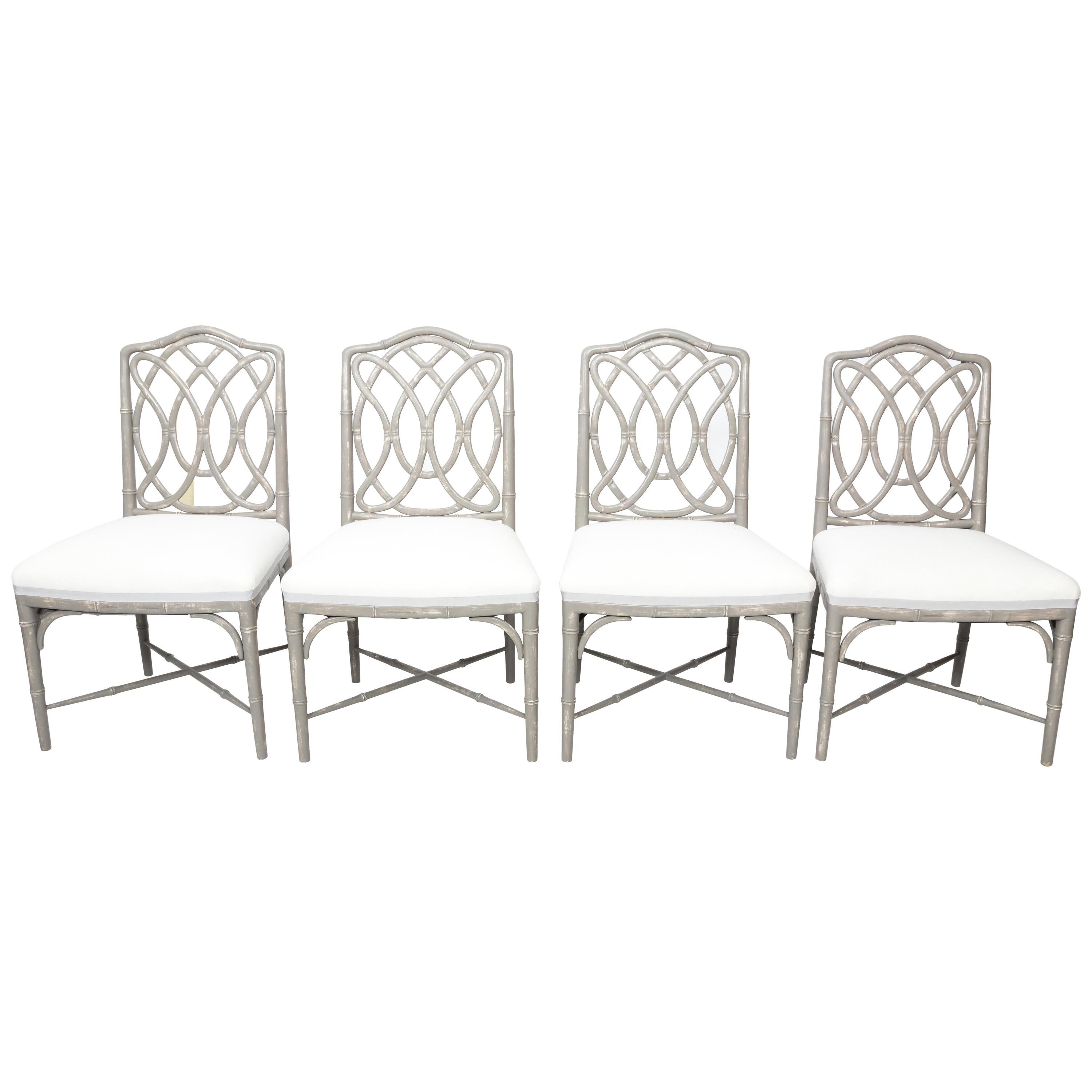 Faux Bamboo Chinoiserie Gray Painted Dining Chairs, set of 4 For Sale