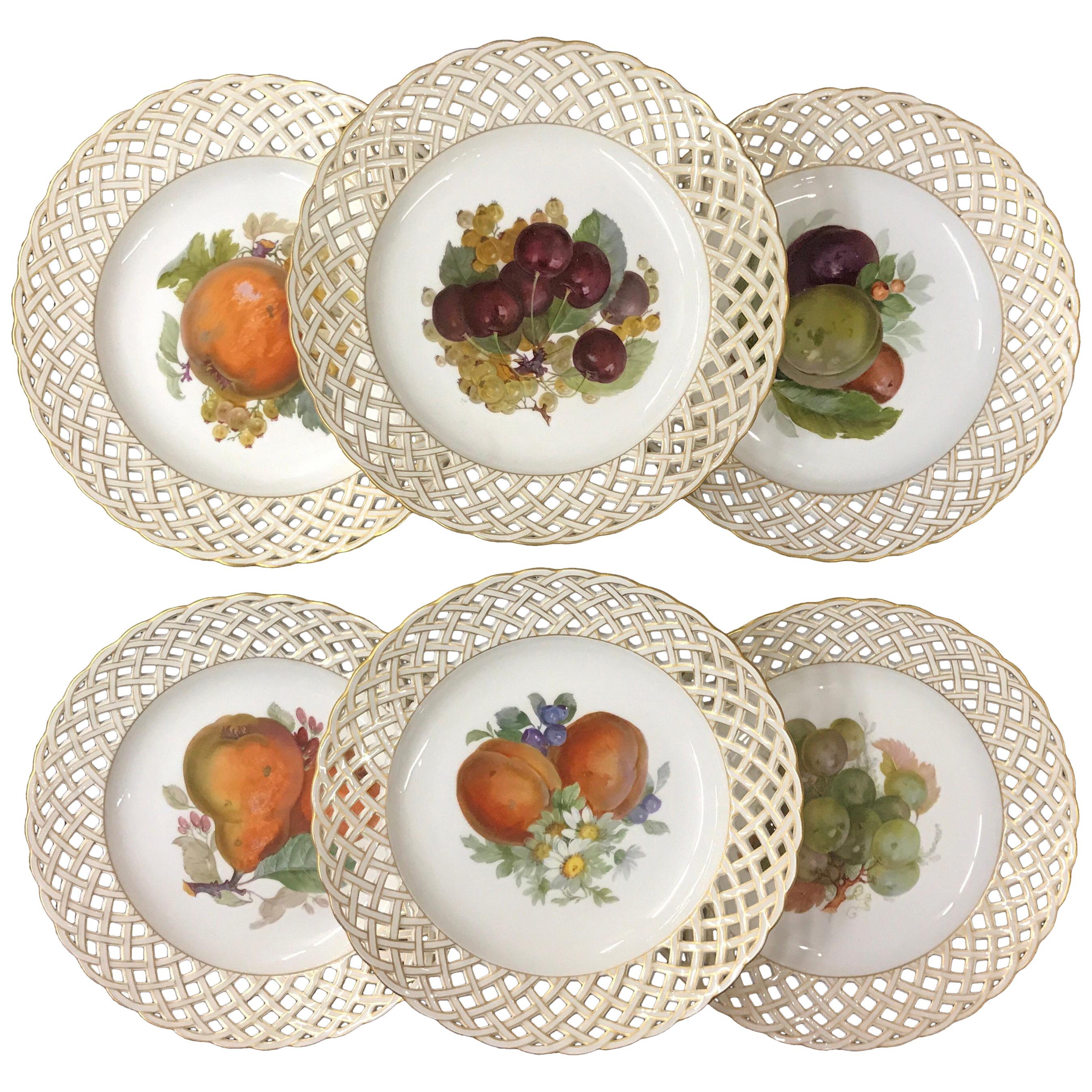 Set of Six KPM Fruit Reticulated Plates For Sale
