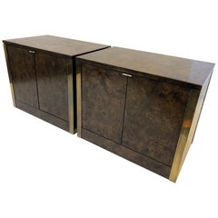Pair of Burlwood and Brass Nightstands by Mastercraft