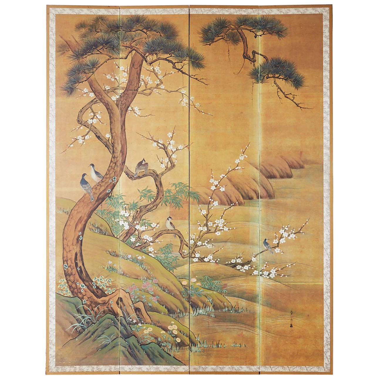 Japanese Edo Style Four-Panel Spring Landscape Screen