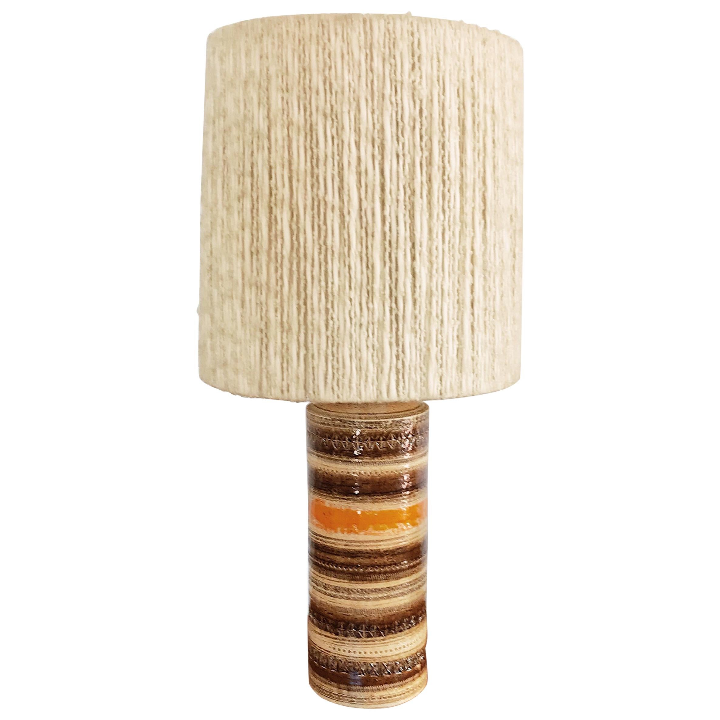 Large Sahara Glaze Bitossi Lamp with Impressed Ramini Decor and Wool Drum Shade For Sale