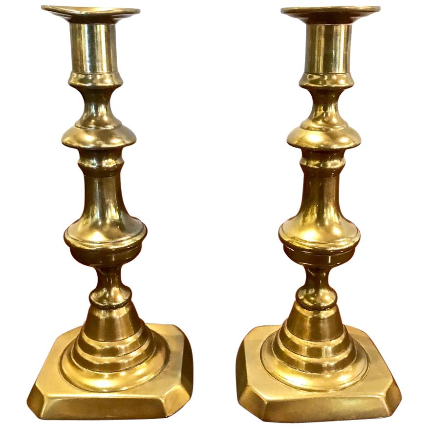 Pair of  19th Century English Brass Push-Up Candlesticks,