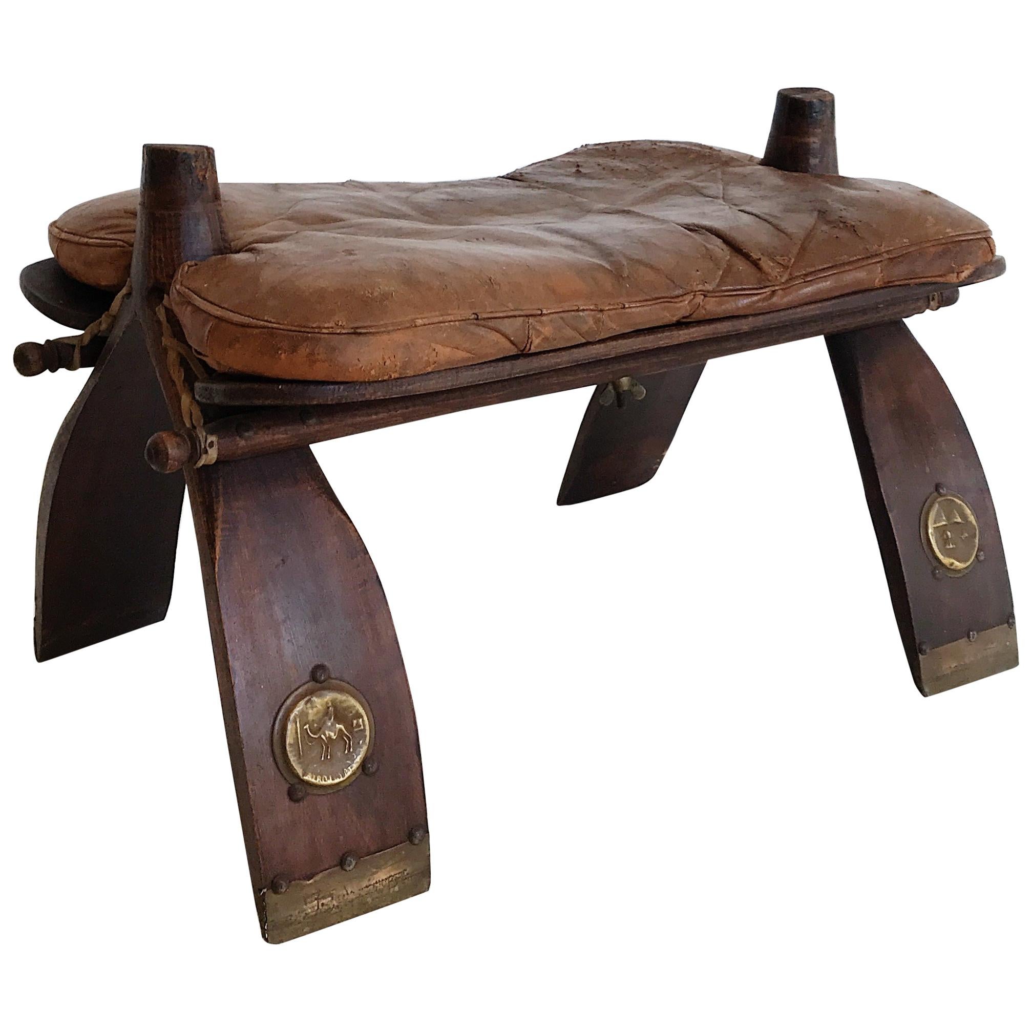 Mid-20th Century Egyptian Wooden Camel Saddle Stool with Original Leather Saddle For Sale