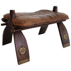 Mid-20th Century Egyptian Wooden Camel Saddle Stool with Original Leather Saddle