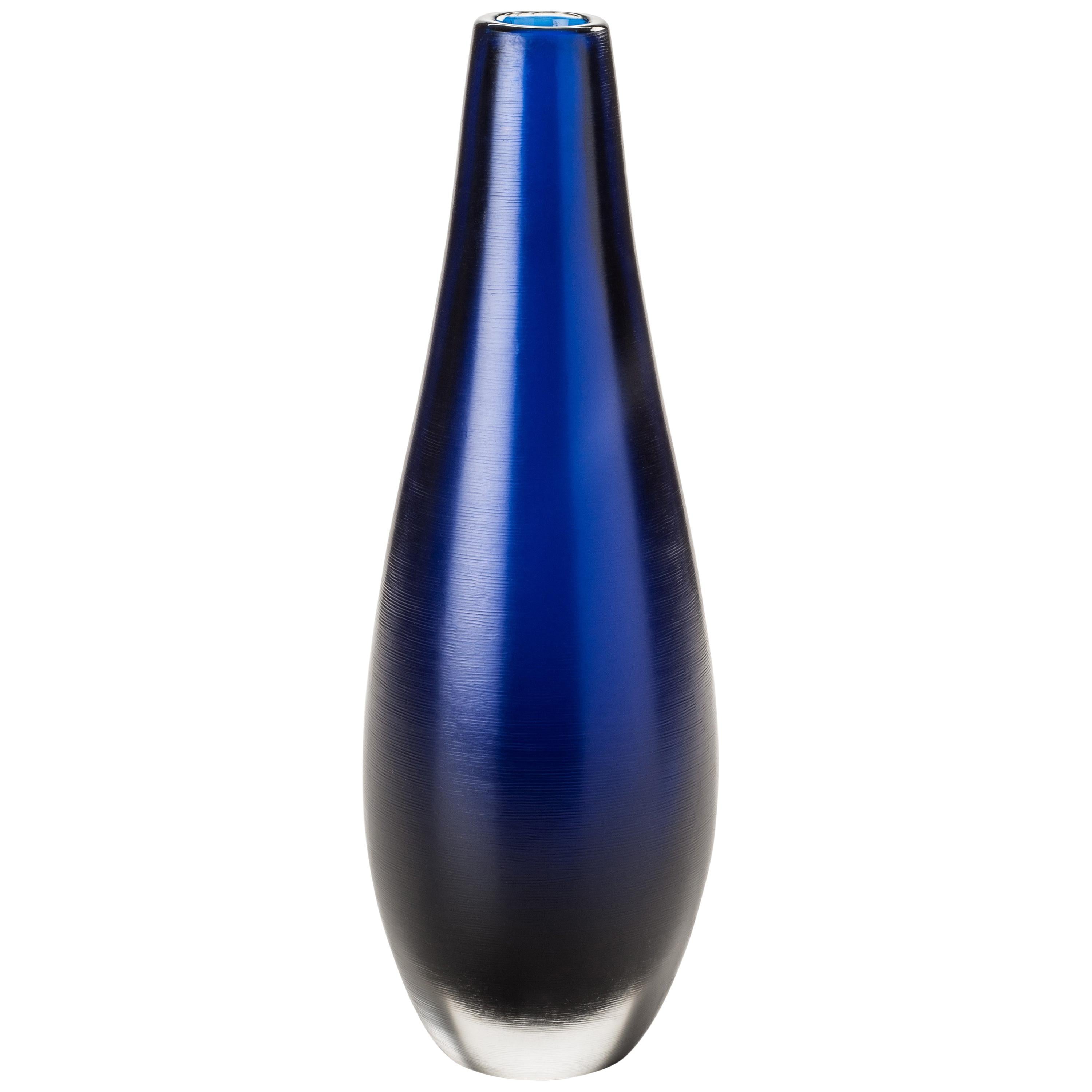 Venini Incisi Thin Glass Vase in Marine Blue by Paolo Venini