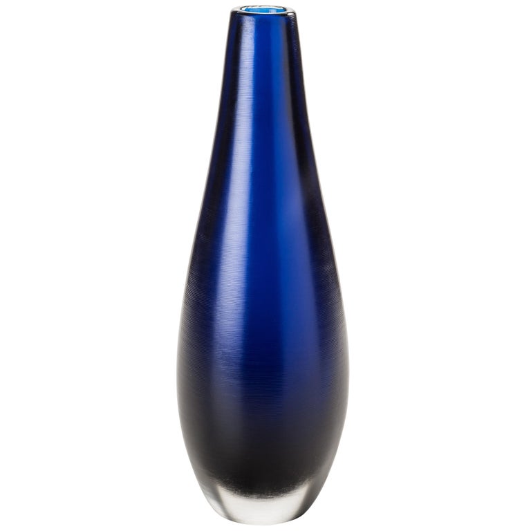 Venini Incisi Thin Glass Vase in Marine Blue by Paolo Venini For Sale