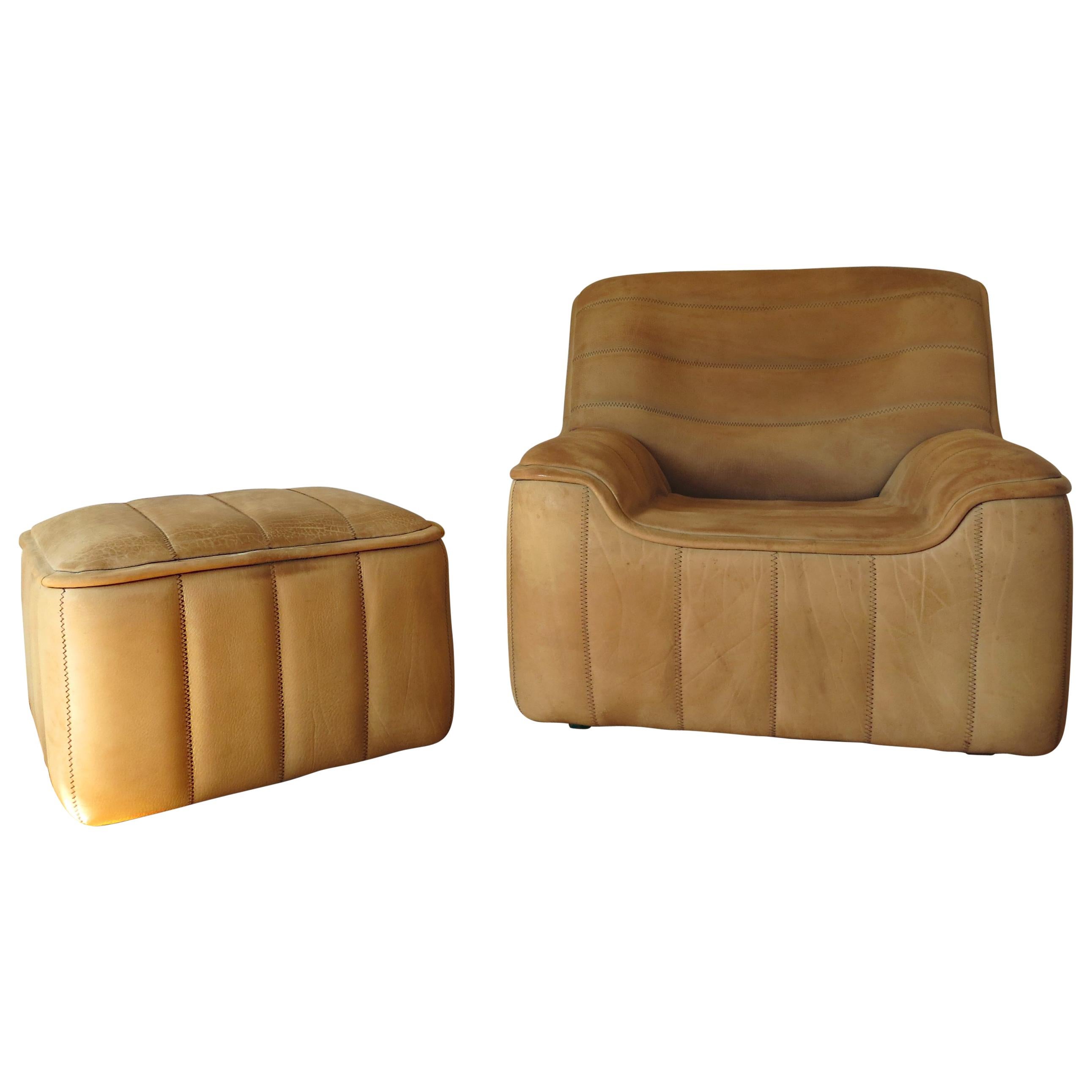 De Sede DS-84 Vintage Thick Buffalo Neck Leather Lounge Armchair & Ottoman 1970s