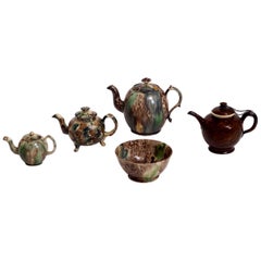 Antique Teapots and Bowl Fajance from Wieldon, Tortoiseshell Decorations, 18th Century