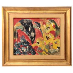 Vintage Midcentury Painting, Hummingbird and Flowers, Oil on Canvas by Girò, 1960s