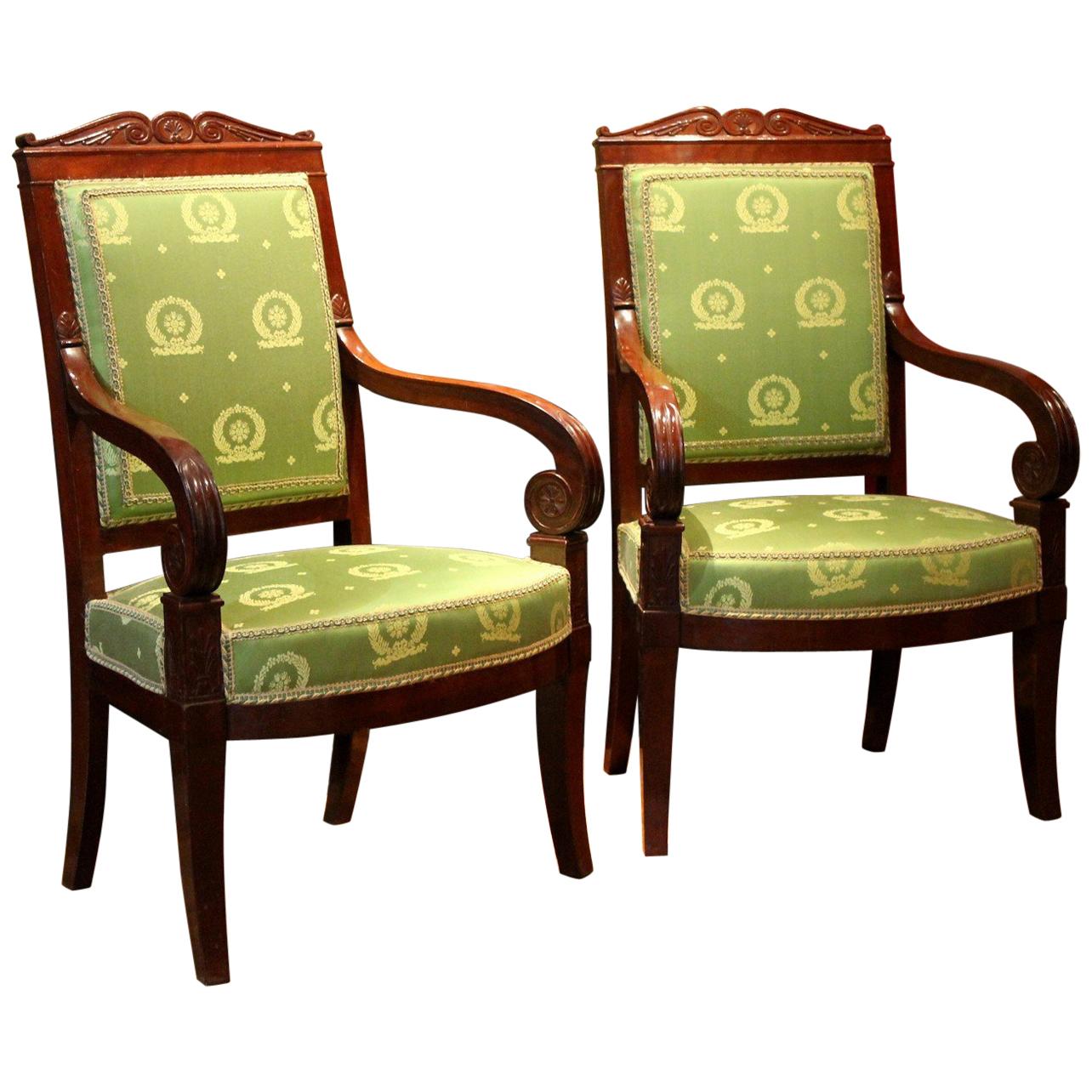 Jacob French 18th Century Mahogany and Green Silk Upholster High Back Armchairs For Sale