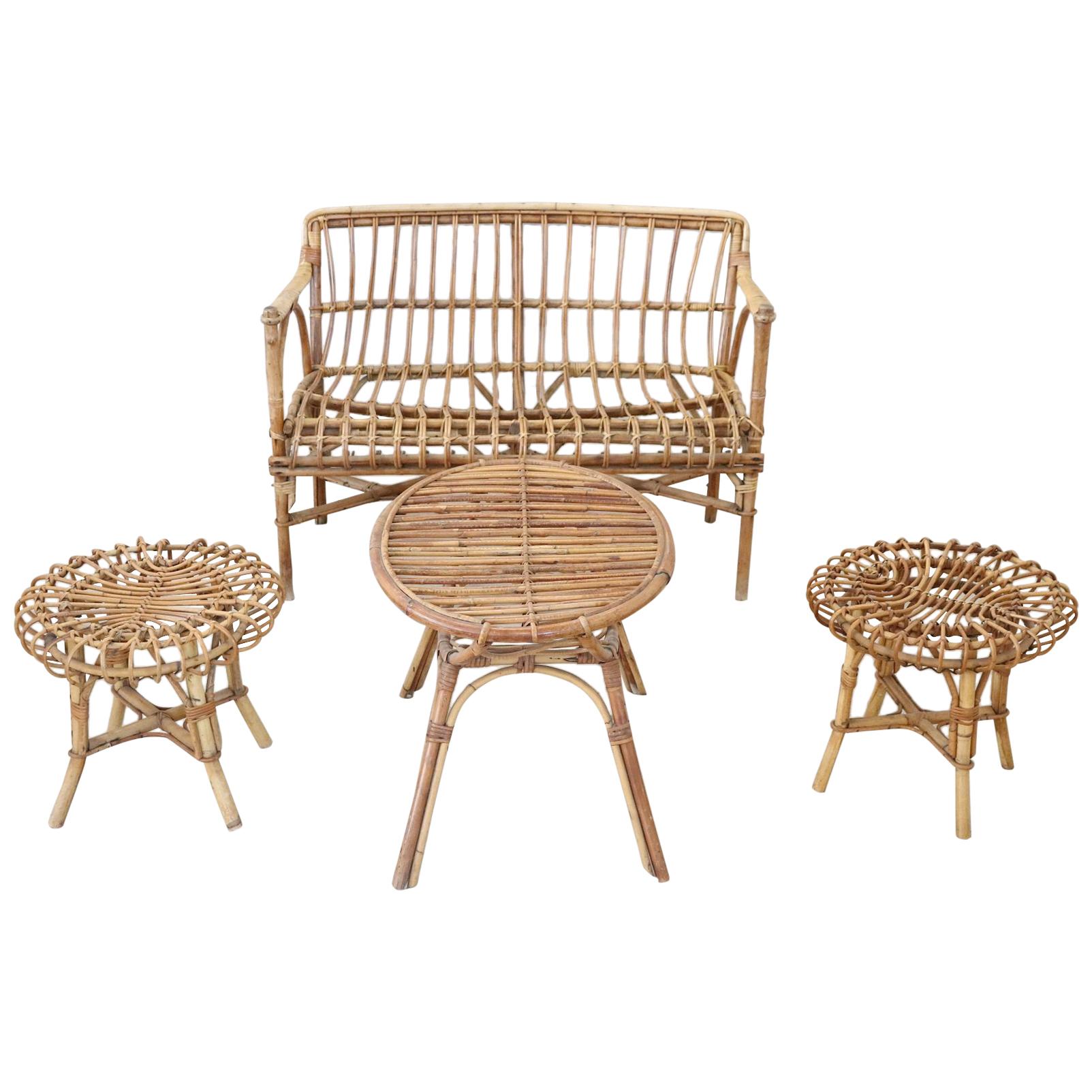 20th Century Italian Bamboo and Rattan Living Room Set of 4 Pieces, 1960s