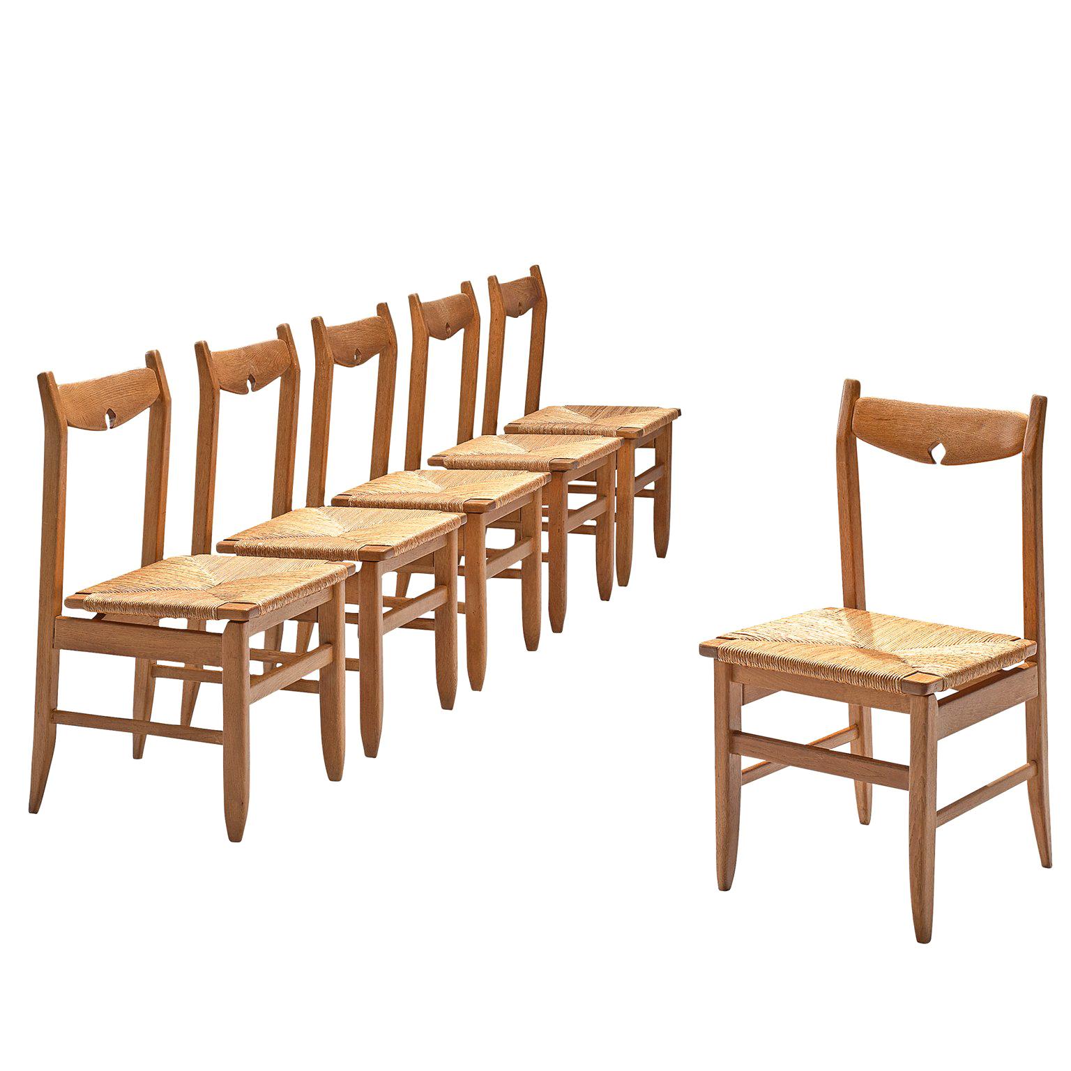 Guillerme & Chambron Set of Six Oak and Cord Chairs