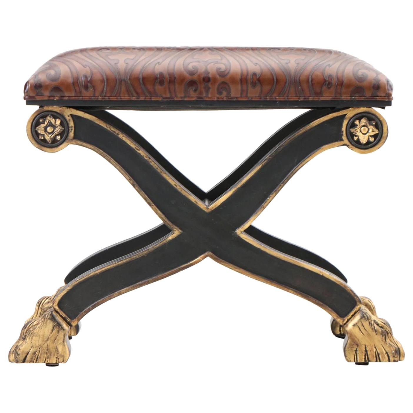 Roman Style Curule Ottoman Gilt Paw Feet Embossed Leather Upholstery For Sale