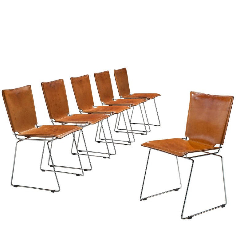 Set of Six Tubular Dining Chairs with Patinated Cognac Leather