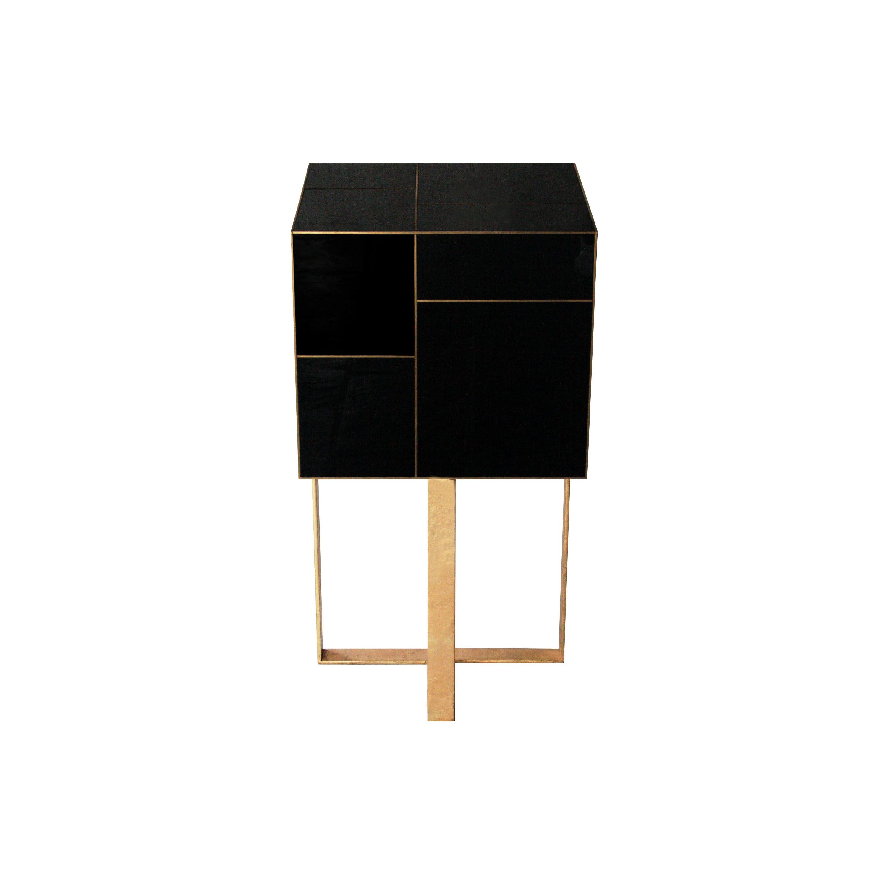 Contemporary Cube Black Gold Metal Wood Crystal Spanish Auxiliar Table, 2016