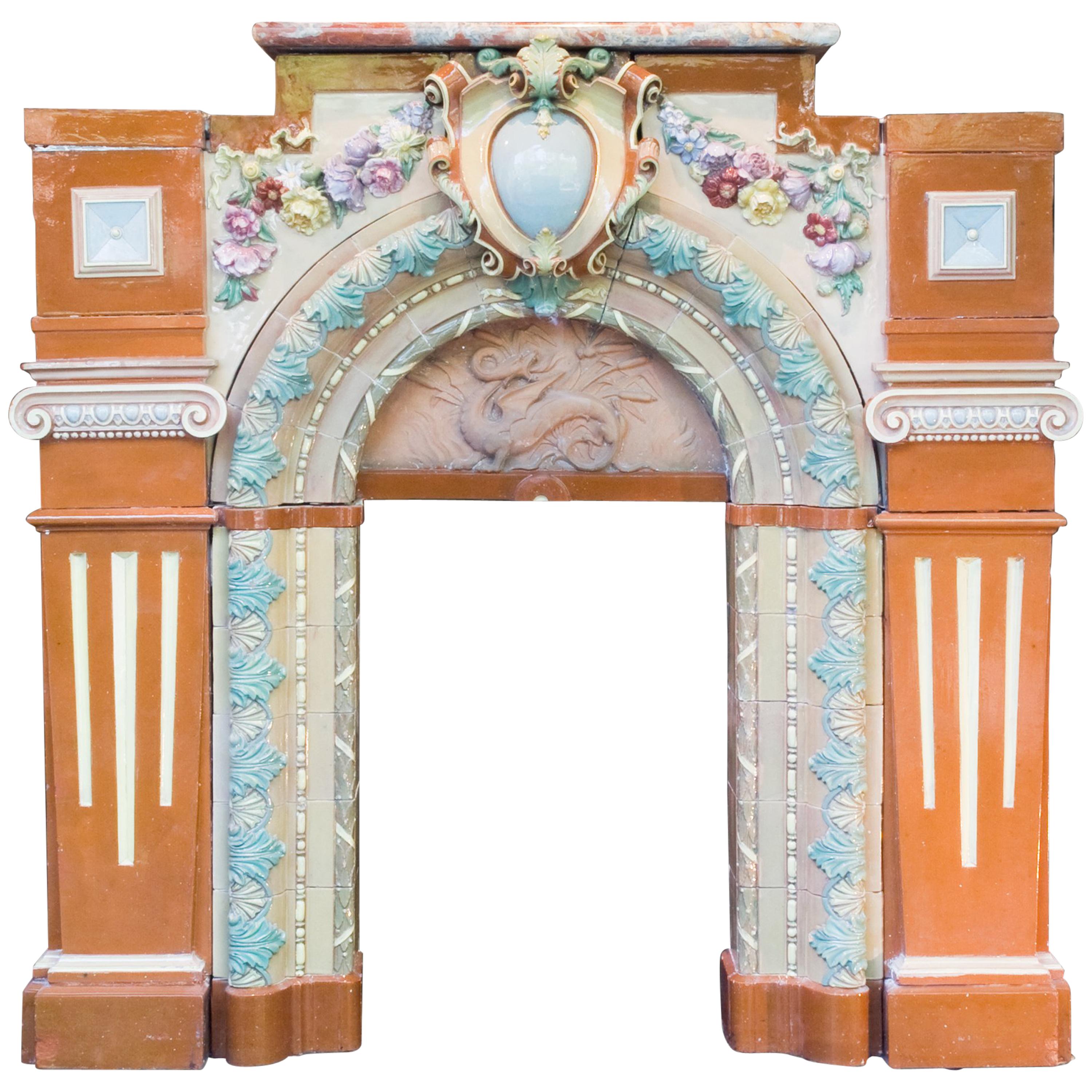 1910 Polychrome Earthenware and Terracotta Mantel For Sale