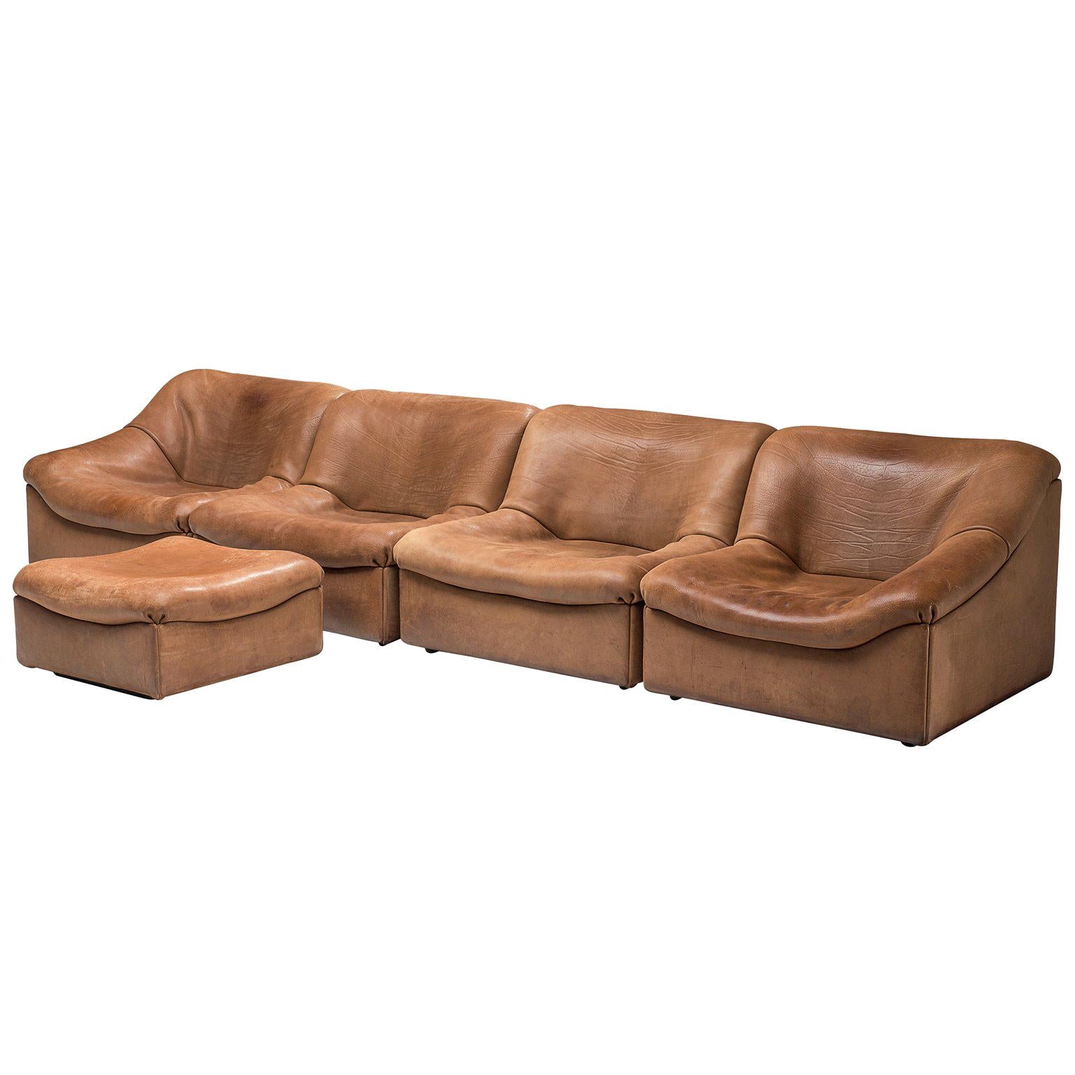 De Sede DS46 Sectional Sofa with Ottoman in Cognac Buffalo Leather