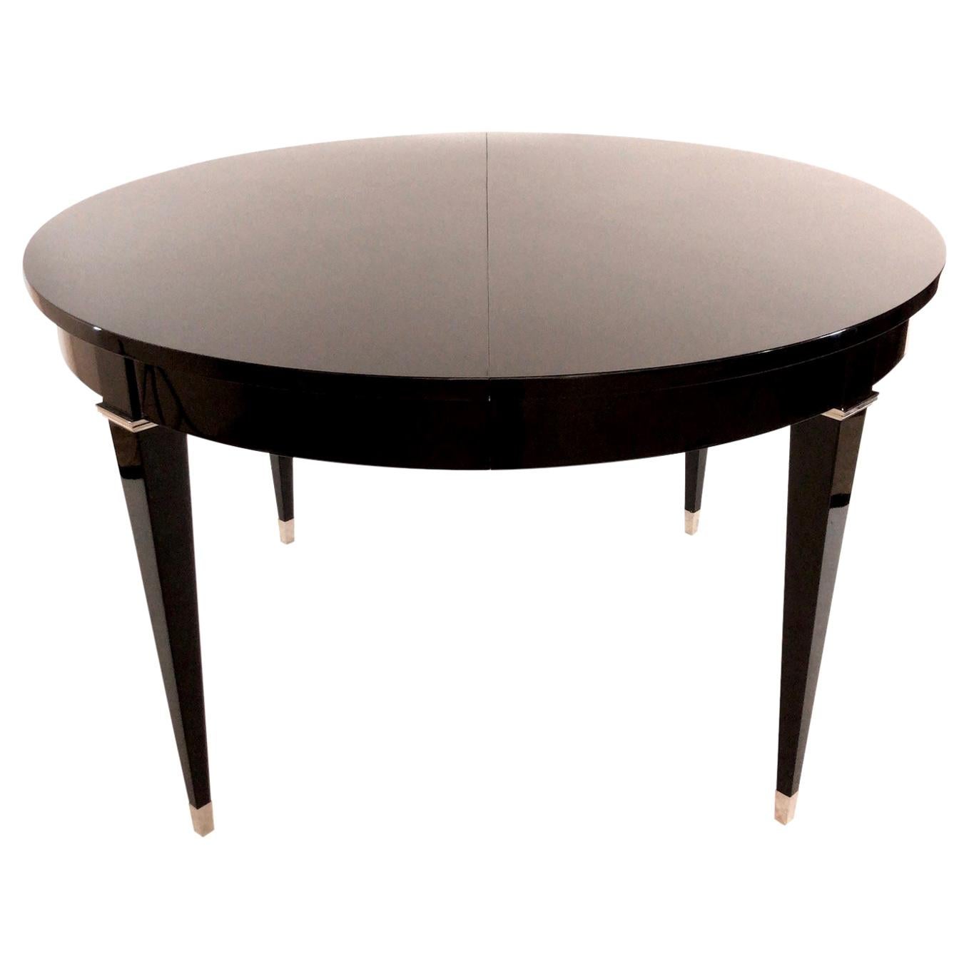 Round Dining Table with Extension in Black Lacquer with Nickeled Metal Fittings For Sale