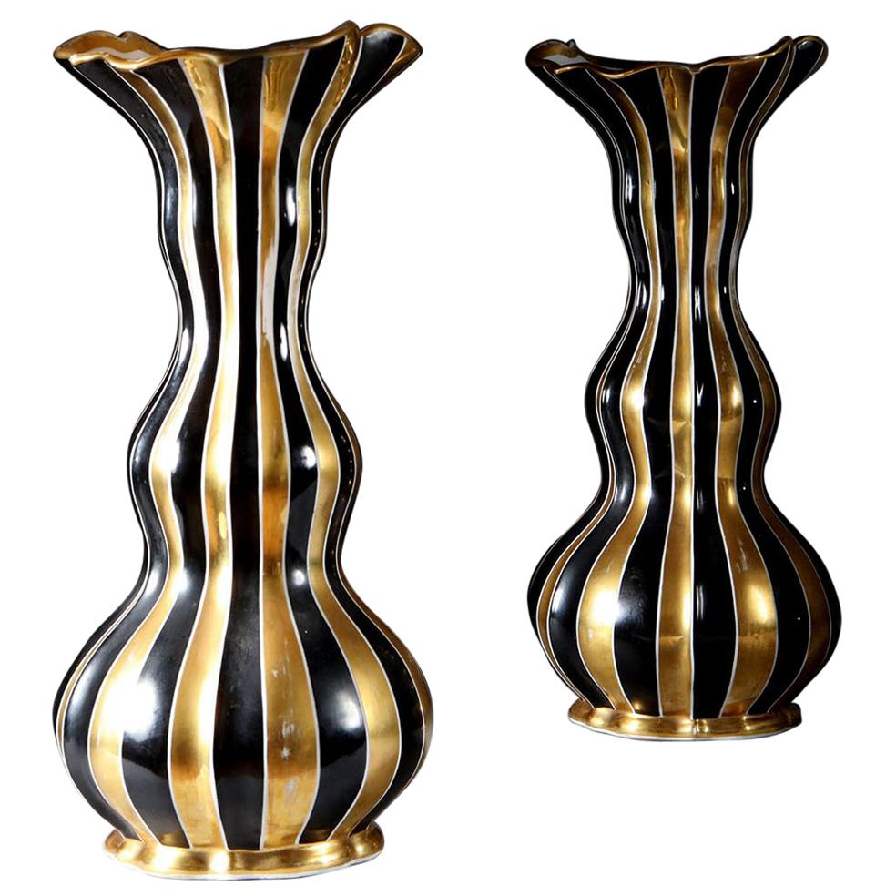 Pair of Black and Gold Napoleon III Period Double Gourd Vases