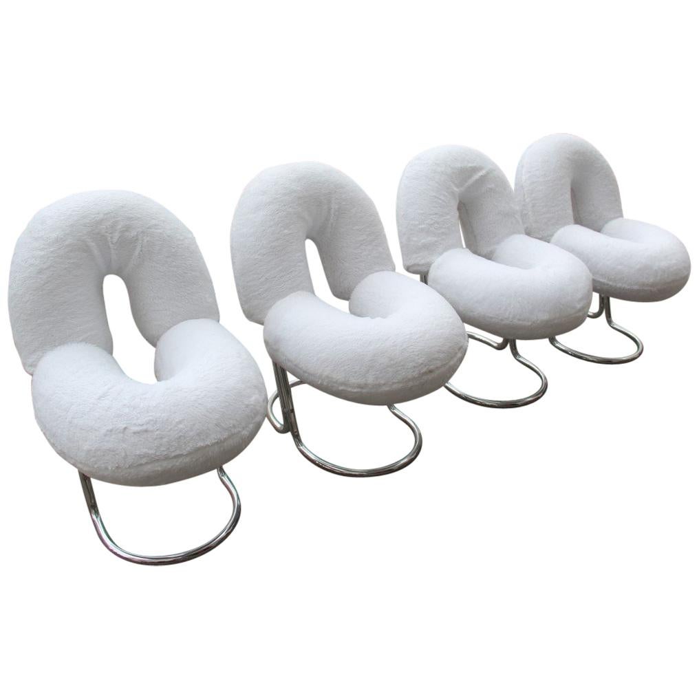 Chairs Italian Design Steel Hairy Fabric White Silver Nanda Vigo Style Donut For Sale