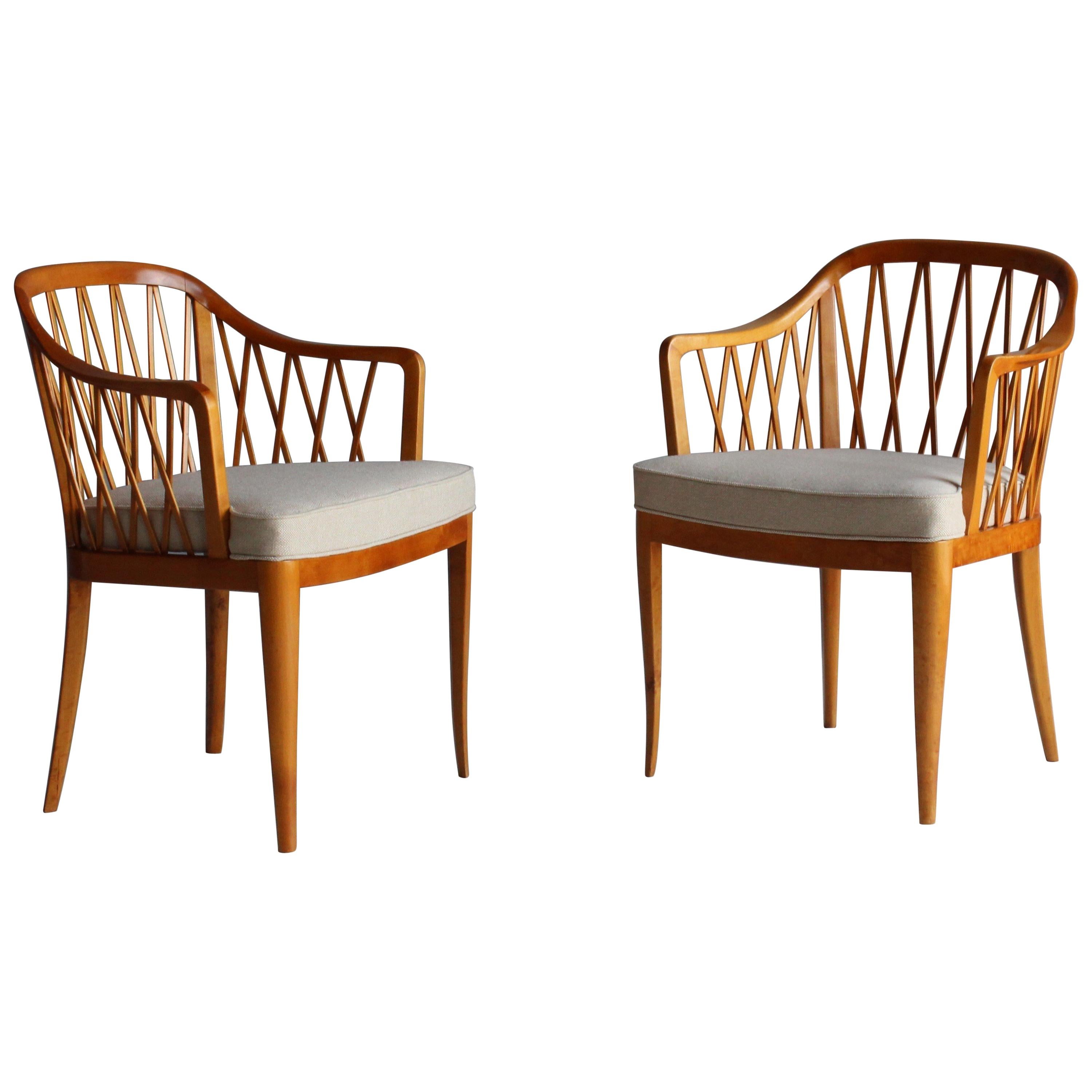 Carl Malmsten, Rare "Widemar" Side Chairs, Birch, Grey Fabric, Sweden, 1942